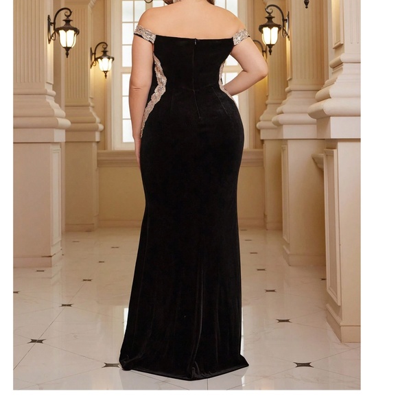 Plus Black Off Shoulder Split thigh Velvet Party Formal Evening Wedding Dress - Picture 5 of 5